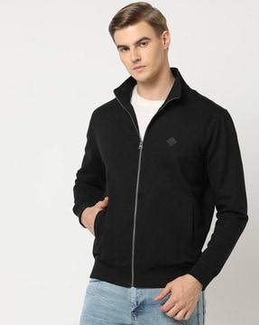 zip-front slim fit sweatshirt with brand patch