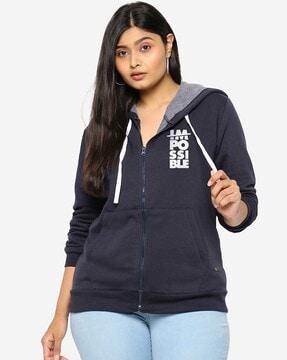 zip-front typographic print hoodie