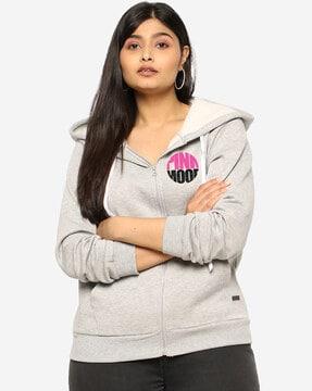 zip-front typographic print hoodie