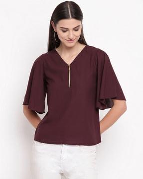 zip-front v-neck top with bell sleeves