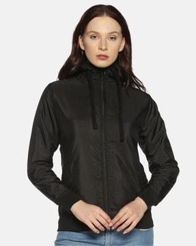 zip-up hooded bomber jacket