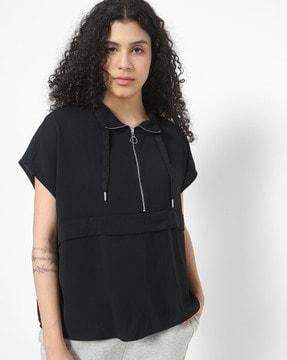 zip-up top with drawstring neck