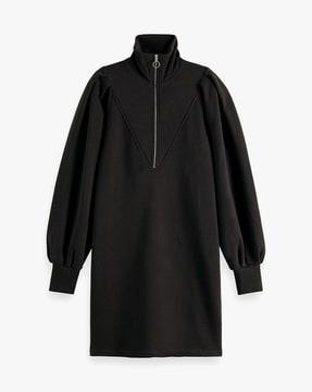 zipped-neck sweat dress with puff sleeves