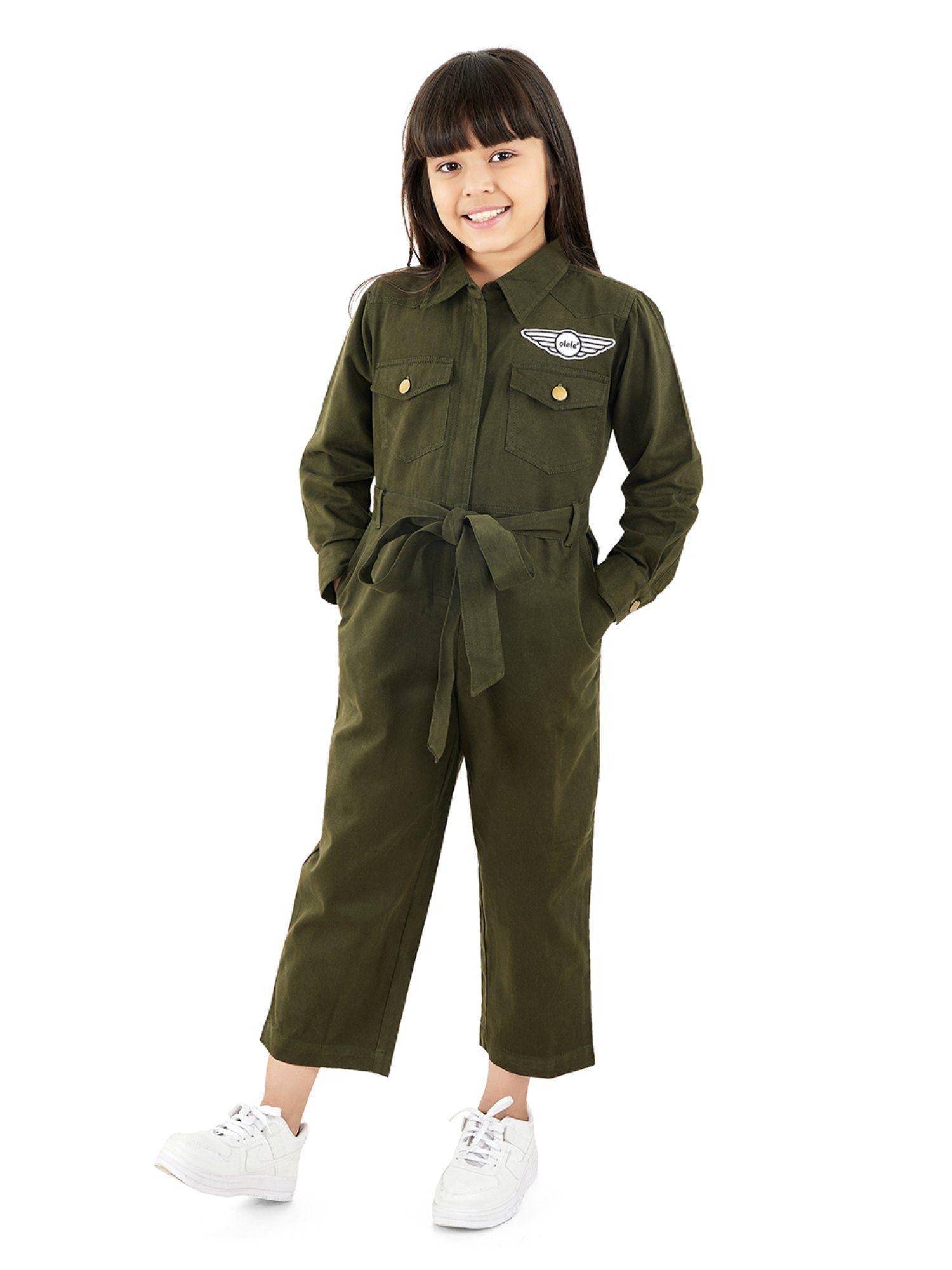 zipper opening cotton solid long sleeves jumpsuit with belt - olive (set of 2)