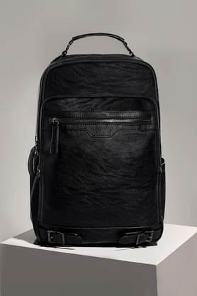 zipper leather men's casual wear backpack - black