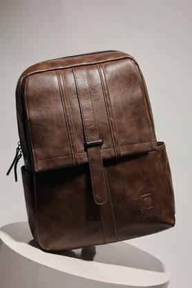 zipper leather men's casual wear backpack - brown