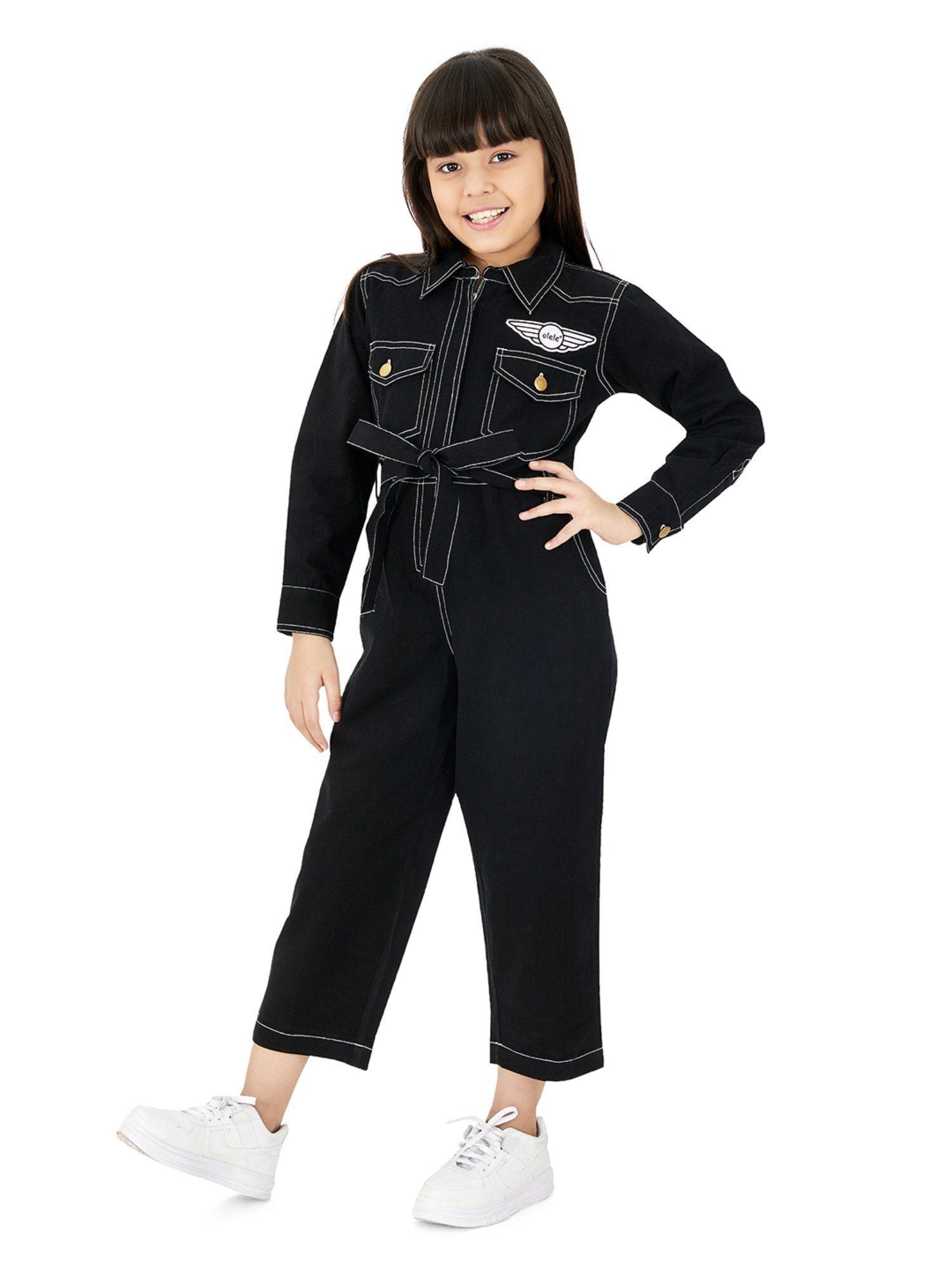 zipper opening cotton solid long sleeves jumpsuit with belt - black (set of 2)