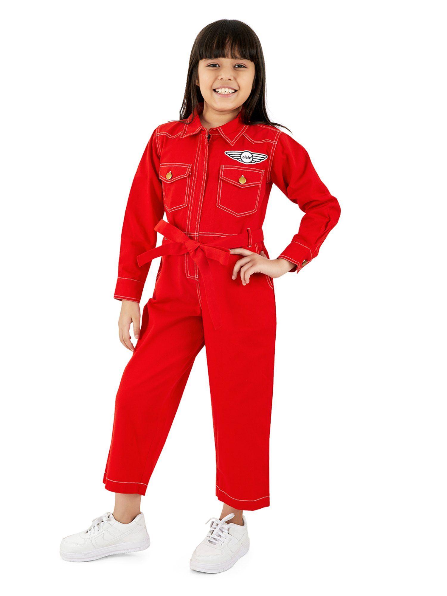 zipper opening cotton solid long sleeves jumpsuit with belt - red (set of 2)