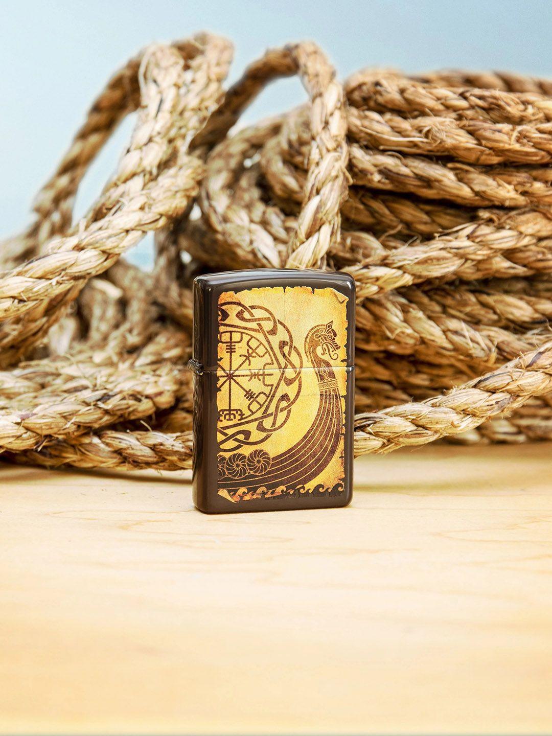 zippo brown & gold-toned printed viking warship design pocket windproof lighter