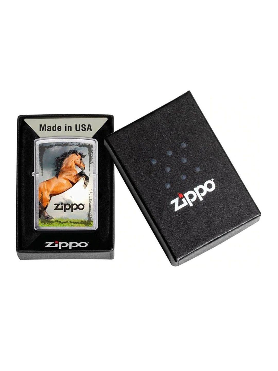 zippo silver-toned & brown printed pocket lighter