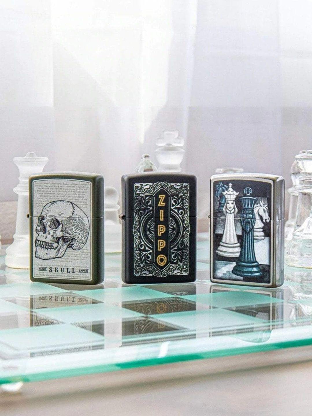 zippo silver-toned & white chess game printed pocket lighter