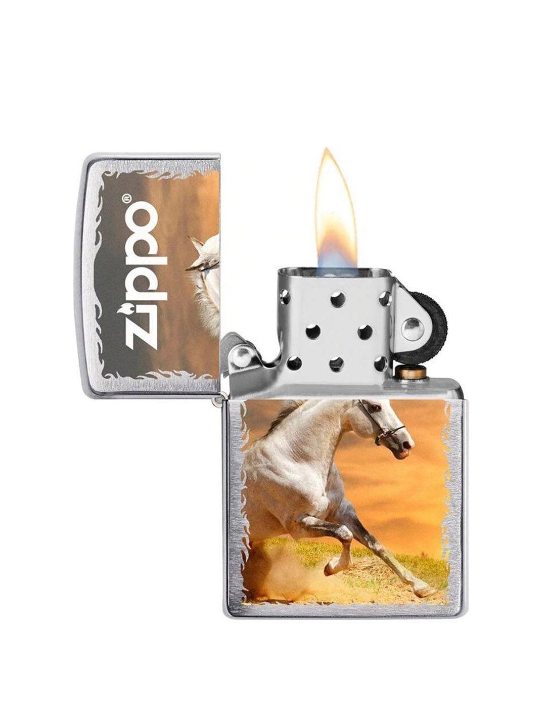 zippo silver-toned & white printed stallion design brushed chrome pocket lighter