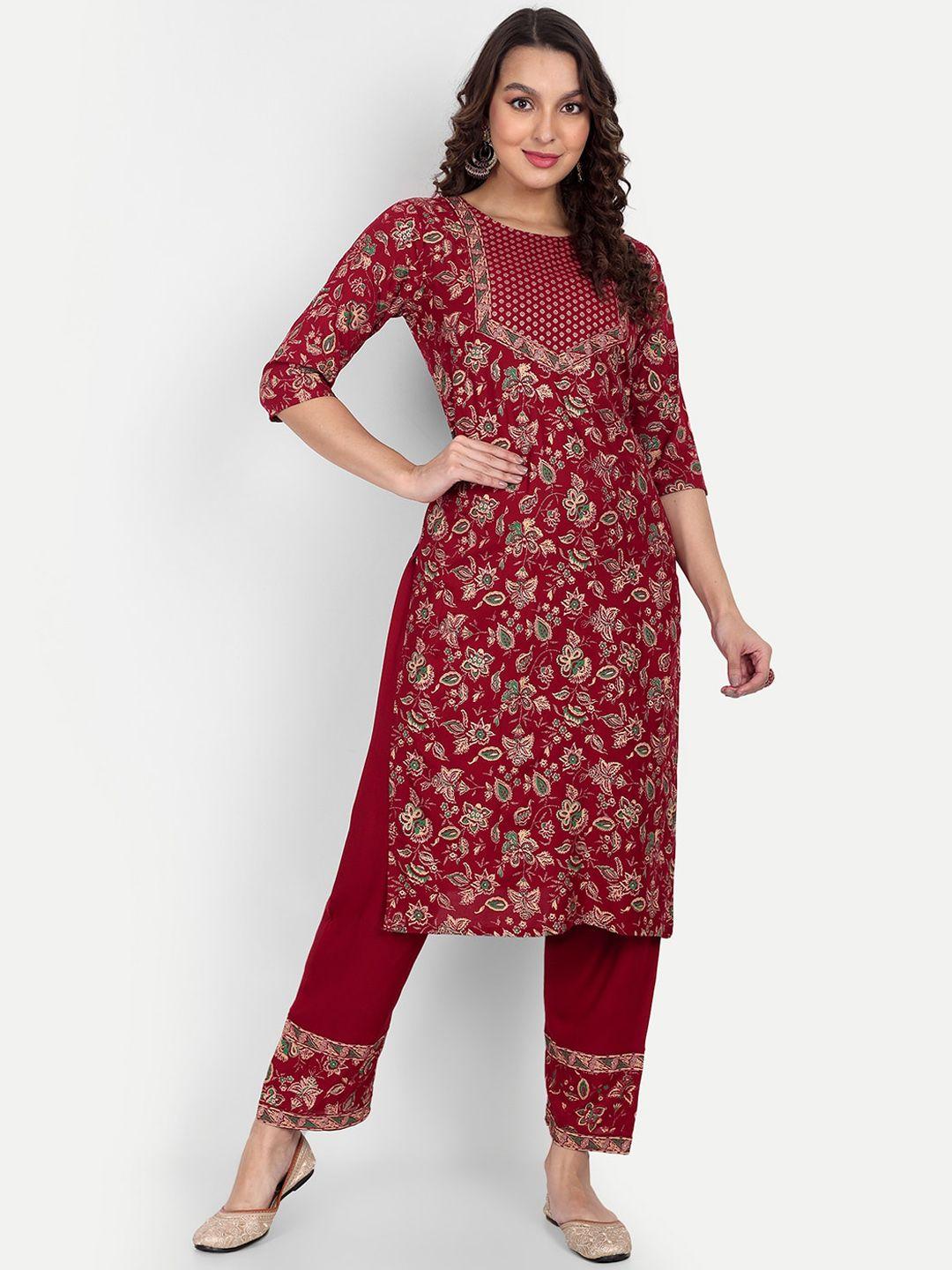 zirvi women maroon floral printed regular kurti with trousers