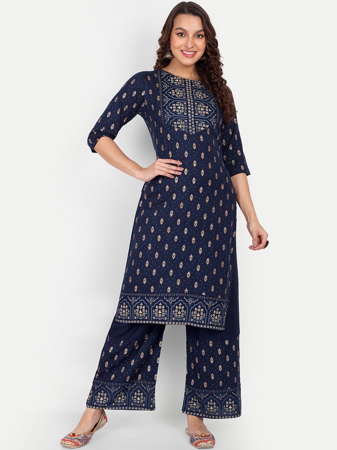 zirvi women navy blue floral printed regular kurta with palazzos