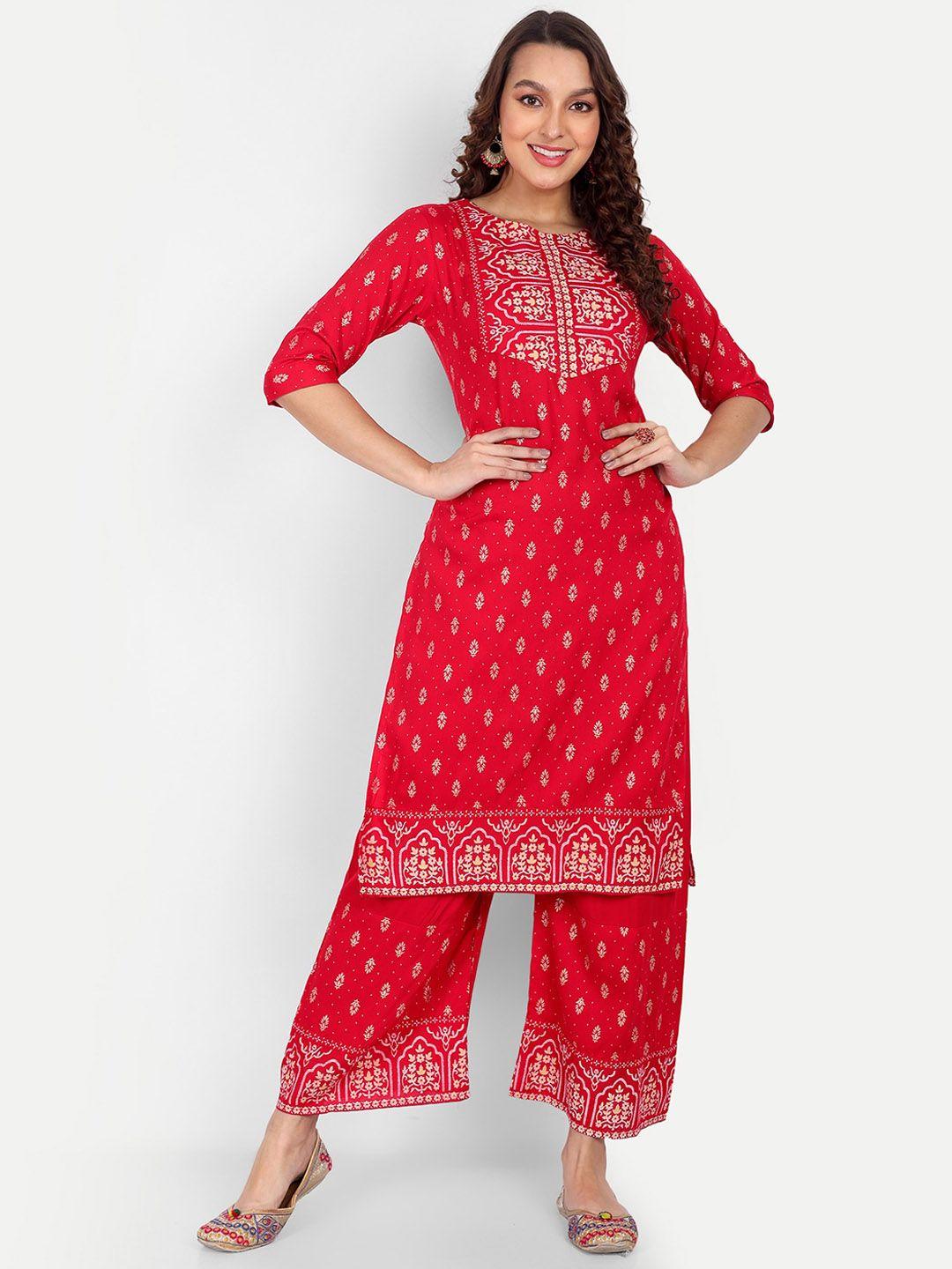 zirvi women red ethnic motifs printed regular kurti with palazzos