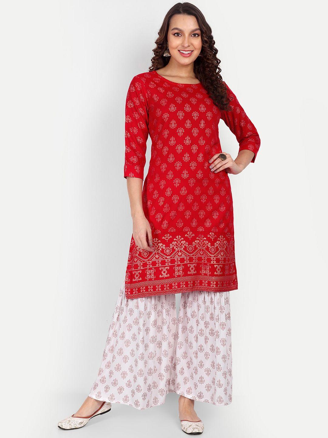 zirvi women red floral printed regular kurta with sharara