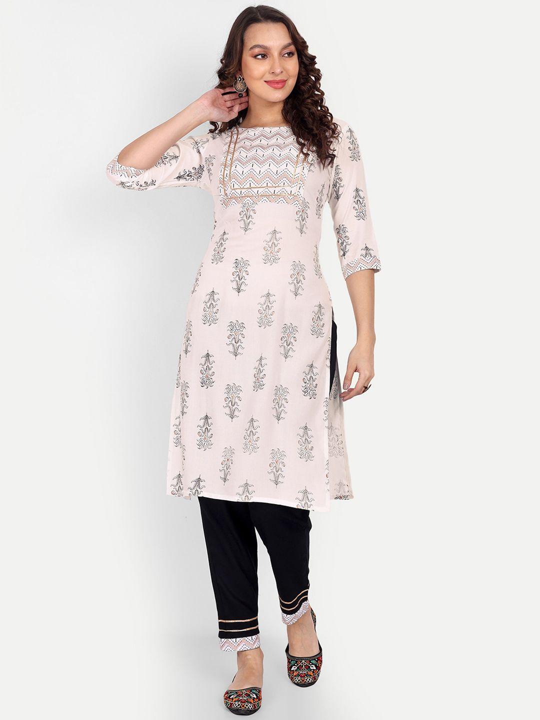 zirvi women white floral printed regular kurti with trousers