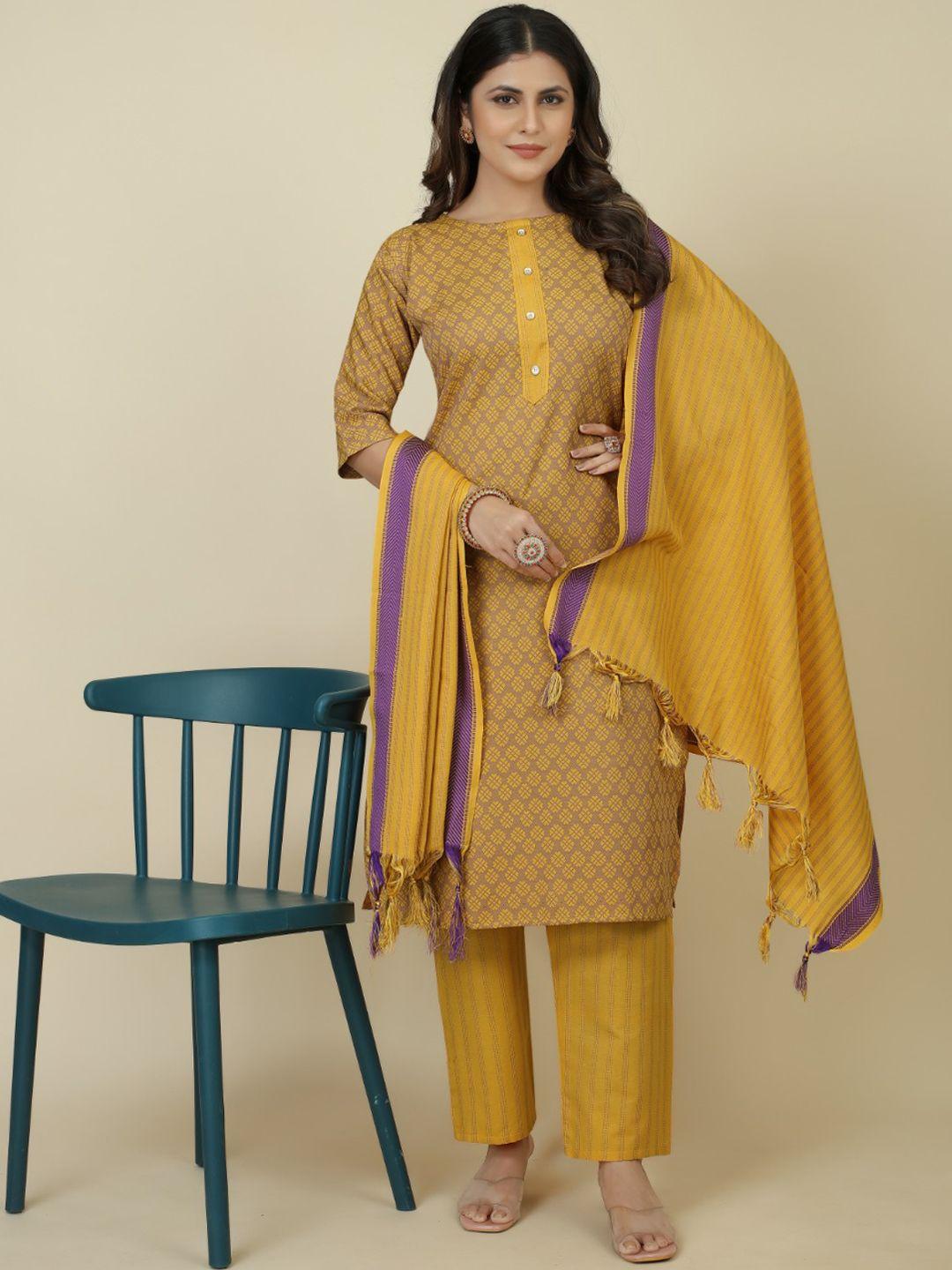 zirvi women yellow floral printed regular pure cotton kurti with palazzos & with dupatta