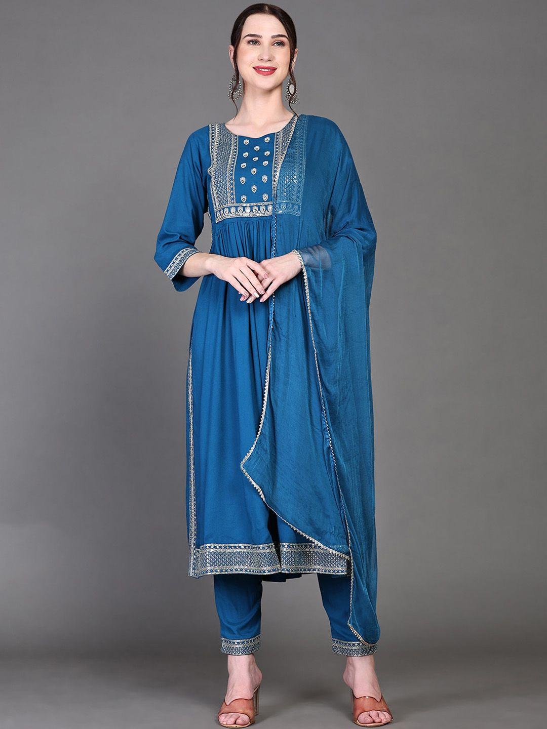 ziva fashion ethnic motifs embroidered sequined high slit kurta with trouser & dupatta