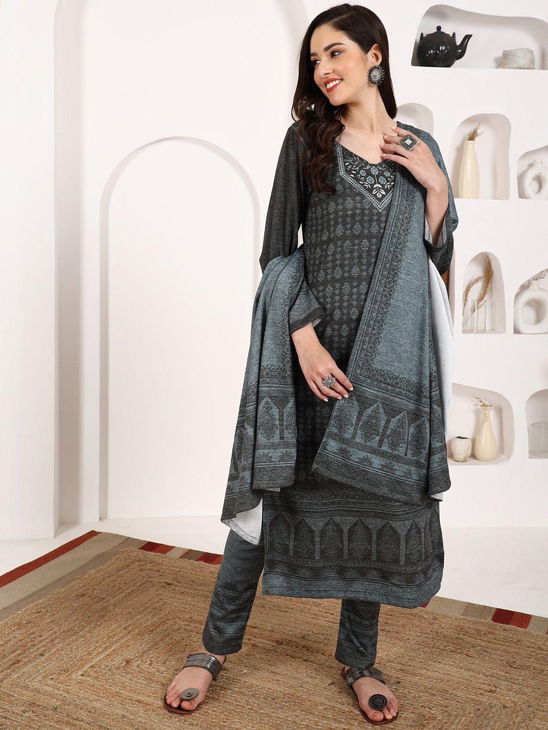 ziva fashion ethnic motifs printed regular pure wool kurta with trousers & dupatta