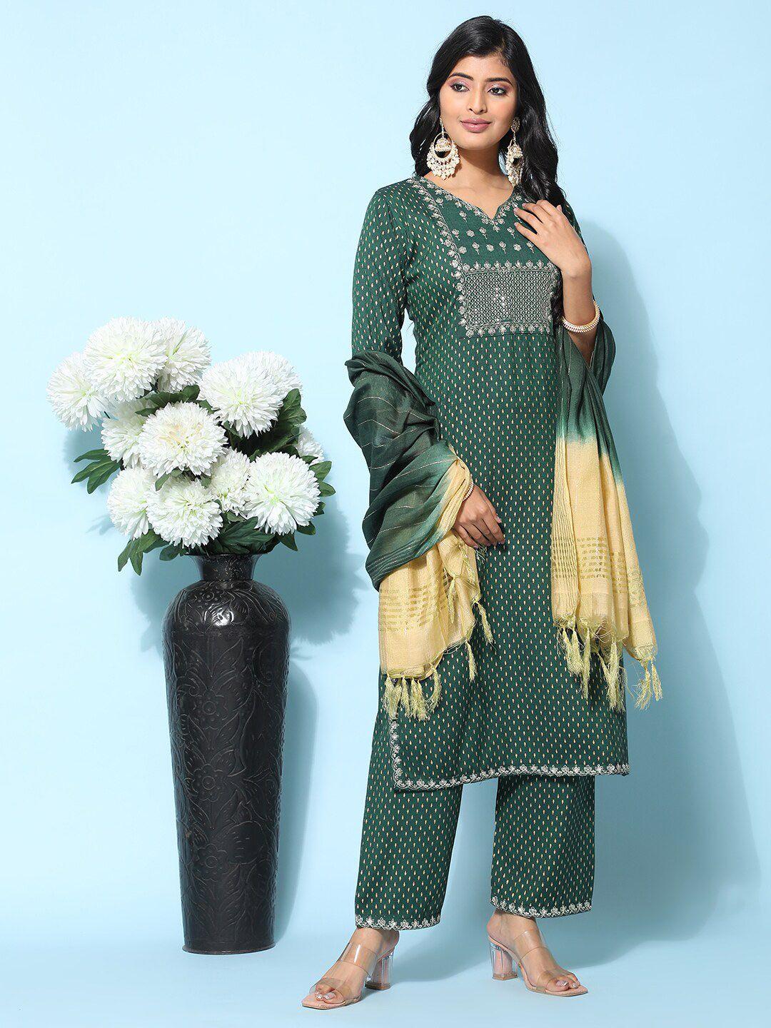 ziva fashion ethnic motifs printed sequined thread work kurta with trousers & dupatta