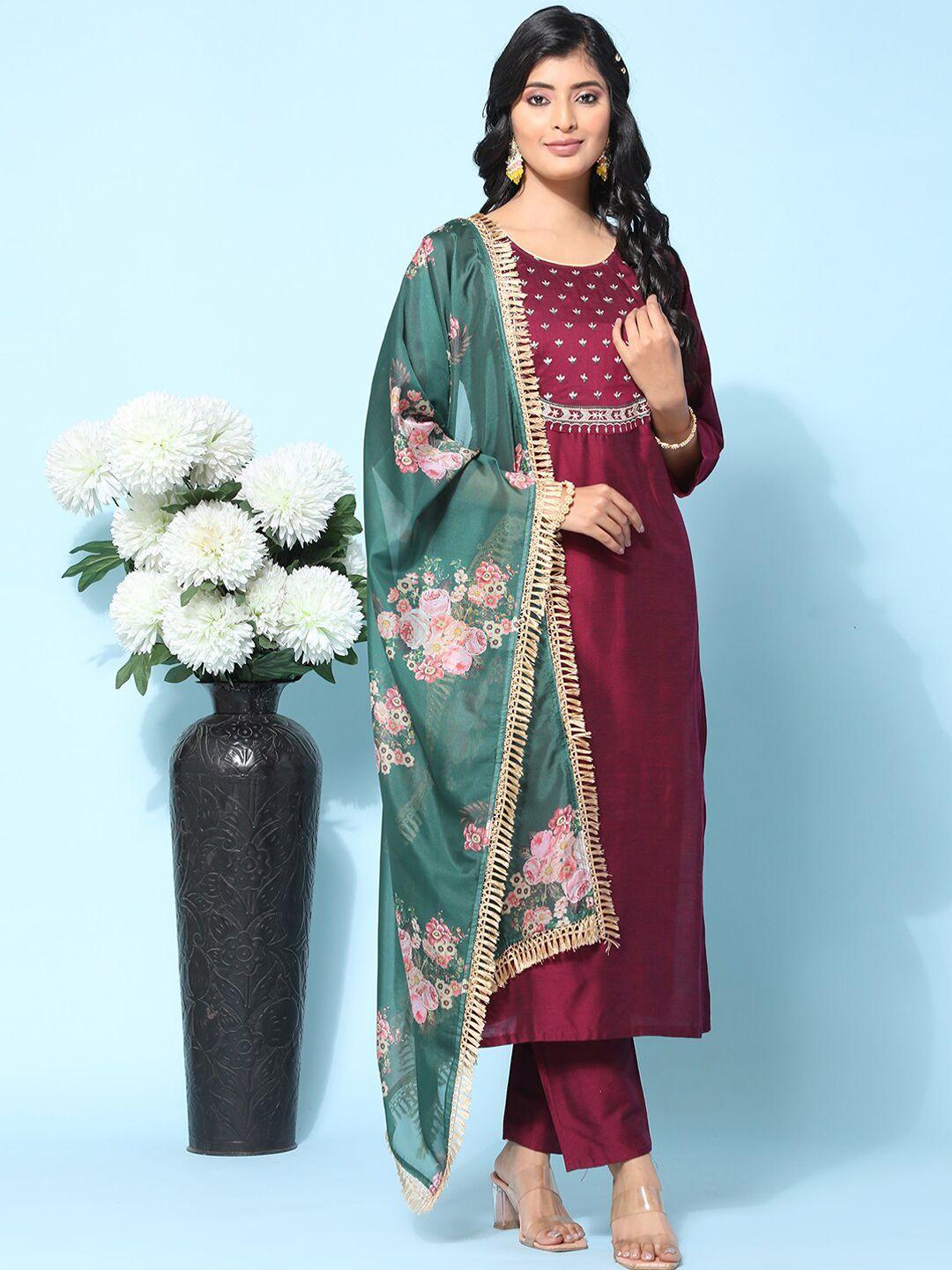 ziva fashion floral embroidered pure silk kurta with trousers & dupatta