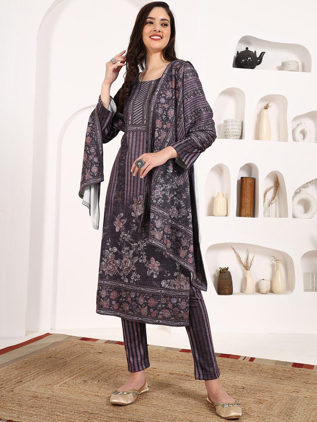 ziva fashion floral printed regular pure wool kurta & trousers with dupatta