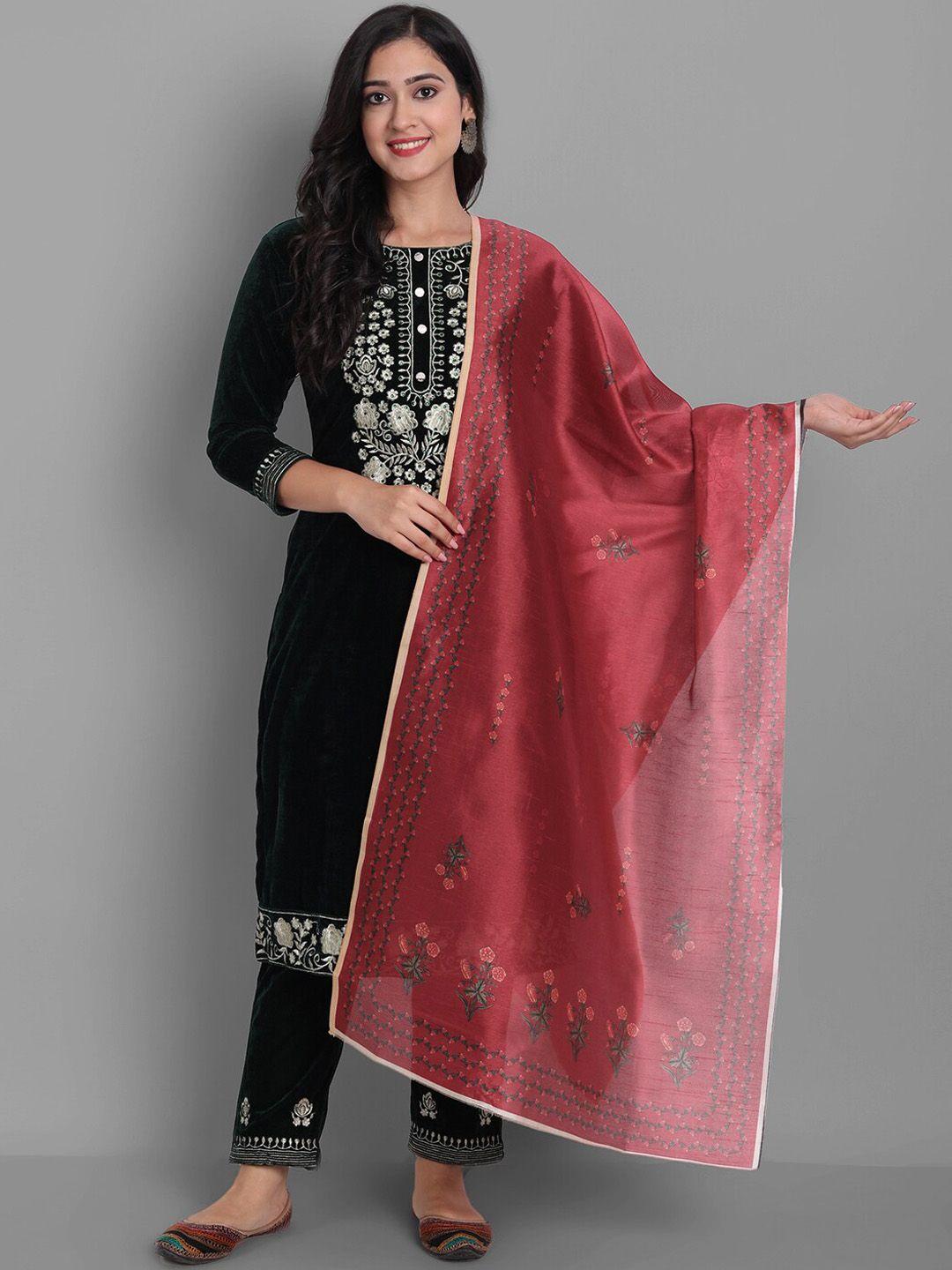 ziva fashion women  ethnic motifs embroidered velvet kurta with trousers & dupatta