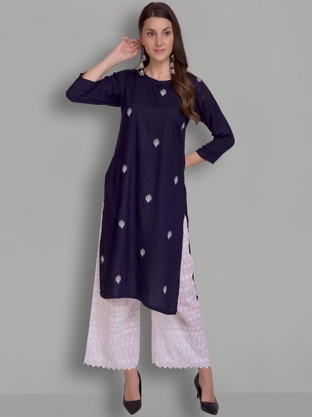 ziva fashion women blue geometric embroidered keyhole neck cold-shoulder sleeves thread work pathani kurta