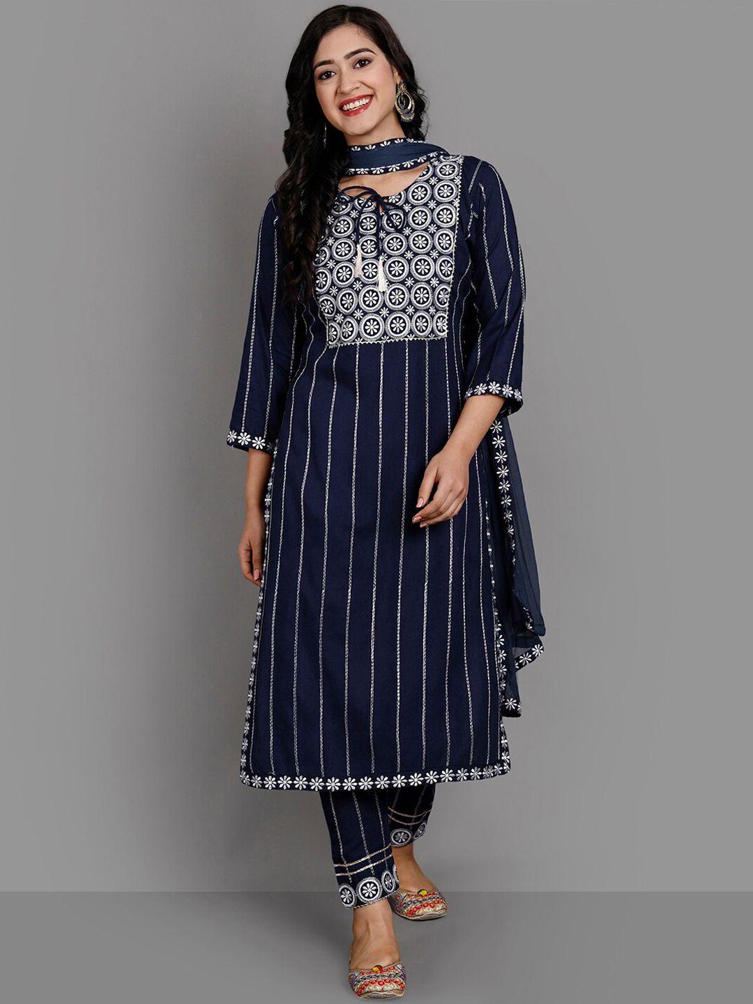 ziva fashion women blue striped empire kurti with trousers & with dupatta