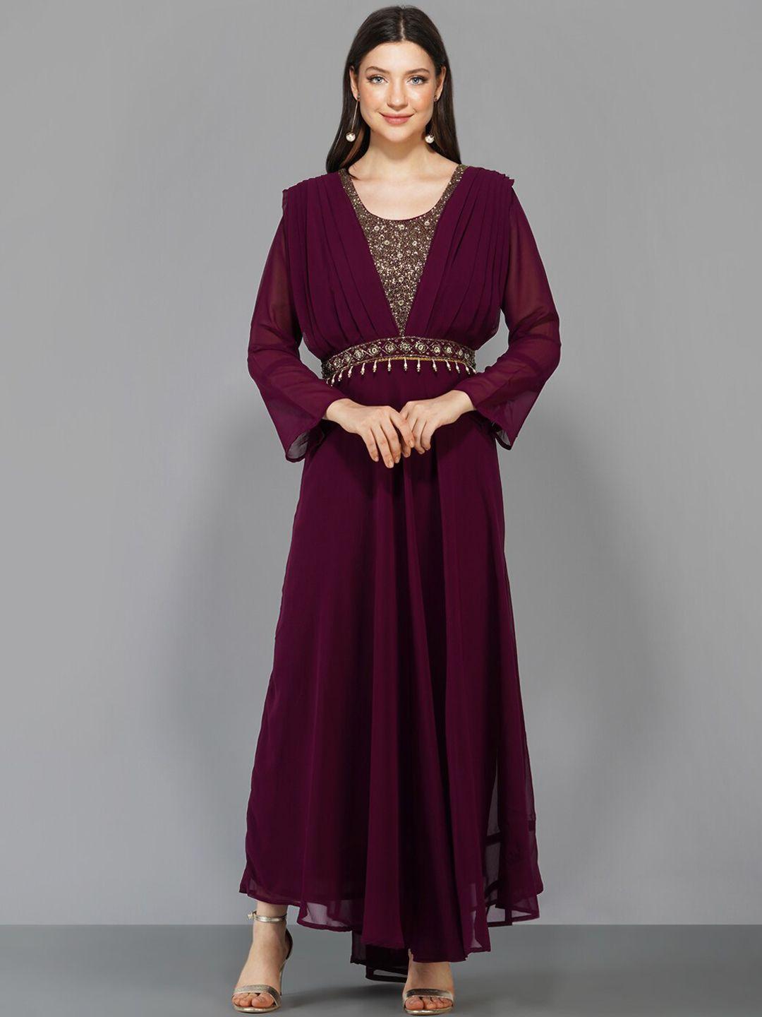 ziva fashion women brown embellished georgette maxi dress with dupatta