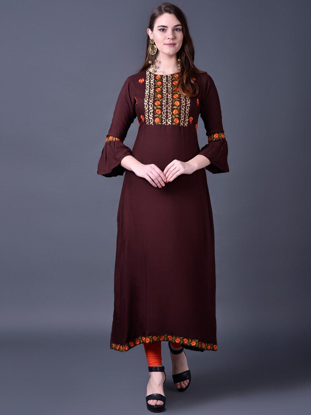 ziva fashion women brown floral yoke design flared sleeves thread work kurta