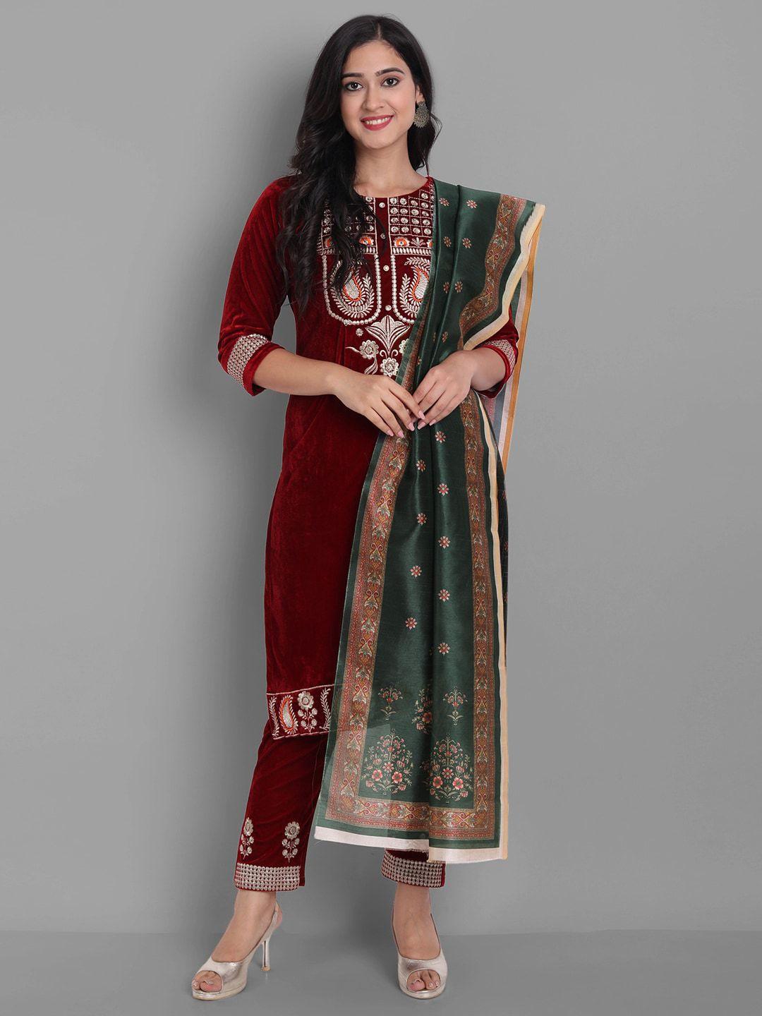 ziva fashion women floral embroidered velvet kurti with trousers & with dupatta