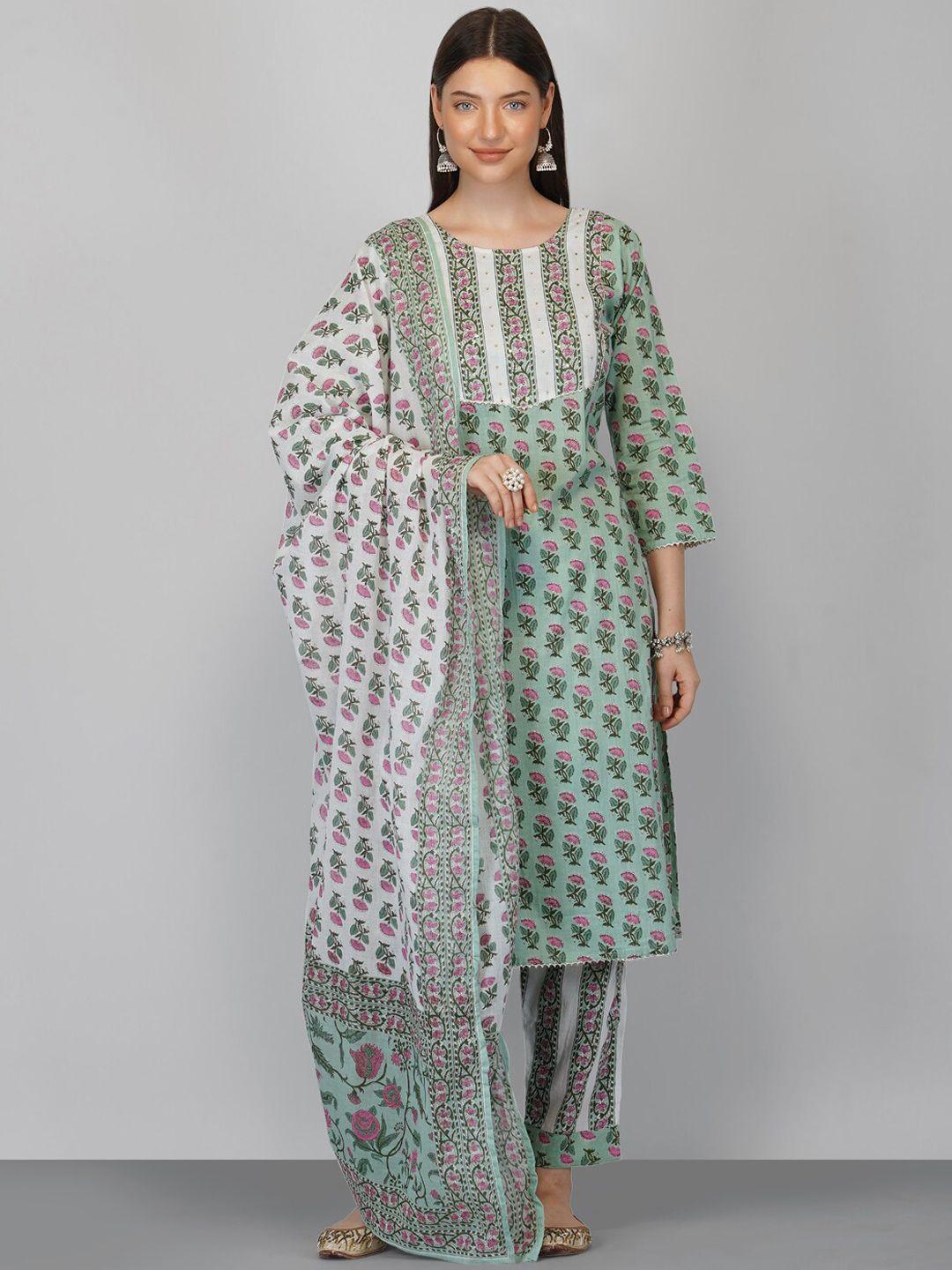 ziva fashion women green ethnic motifs printed pure cotton kurta with palazzos & with dupatta