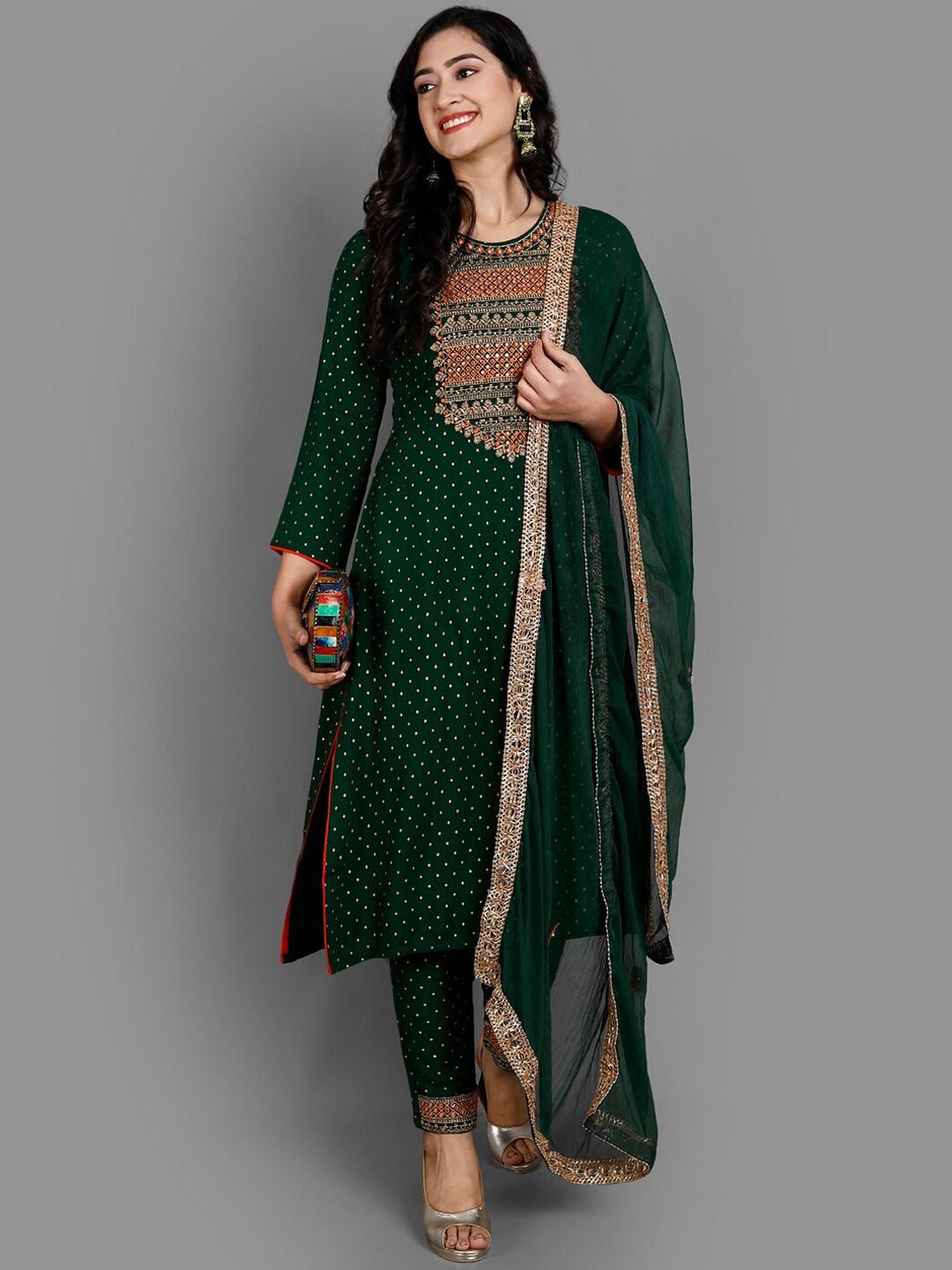 ziva fashion women green ethnic motifs yoke design layered kurta with trousers & with dupatta