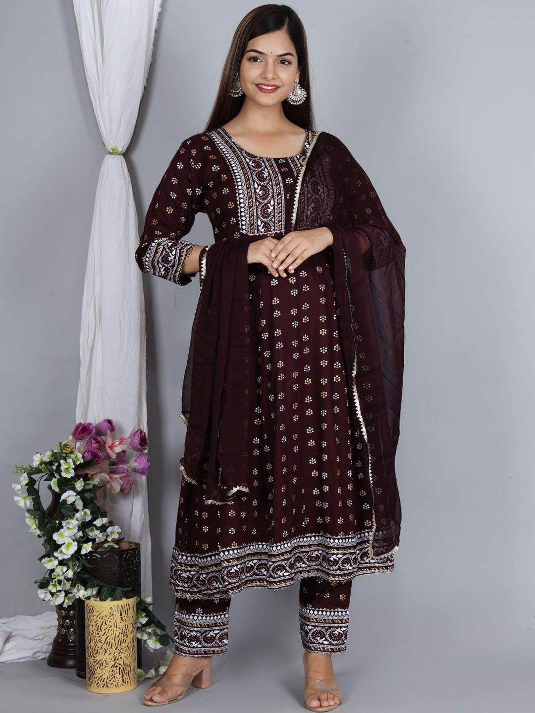 ziva fashion women maroon ethnic motifs printed kurta with trousers & with dupatta