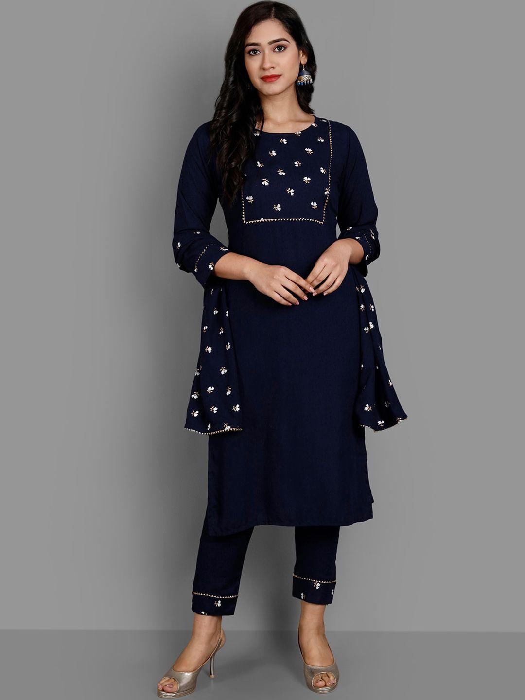 ziva fashion women navy blue floral yoke design empire kurti with trousers & with dupatta