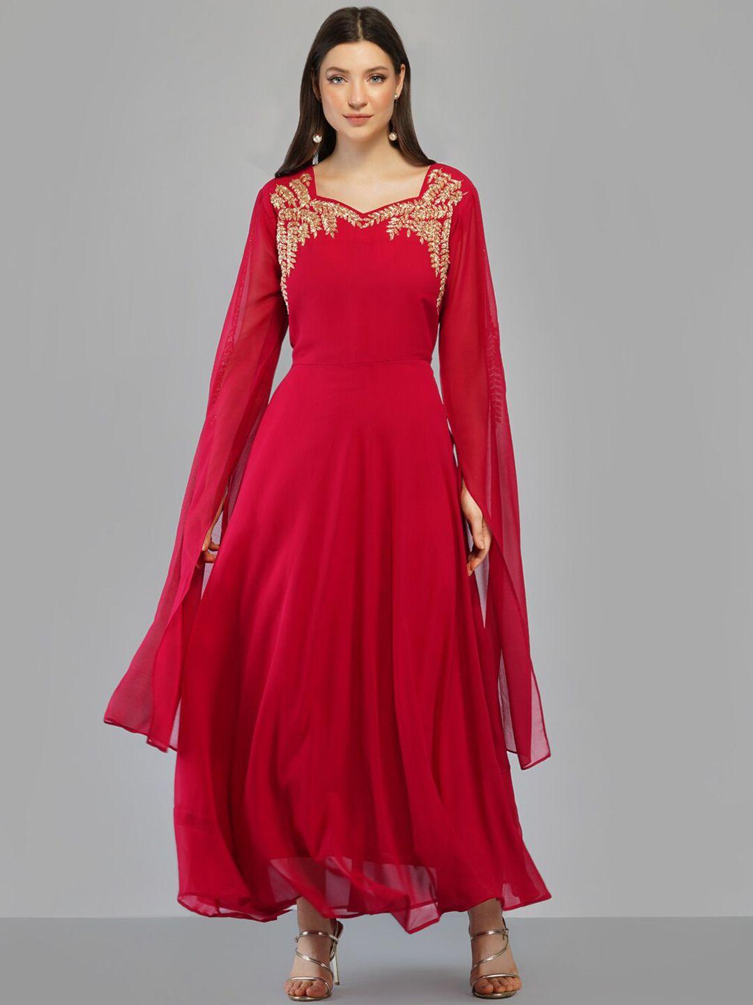 ziva fashion women red embellished flared sleeves georgette maxi dress