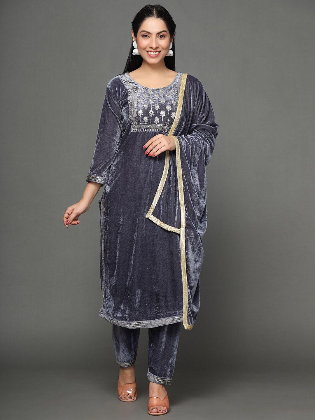 ziva fashion ethnic motifs embroidered sequinned velvet kurta with trousers & with dupatta