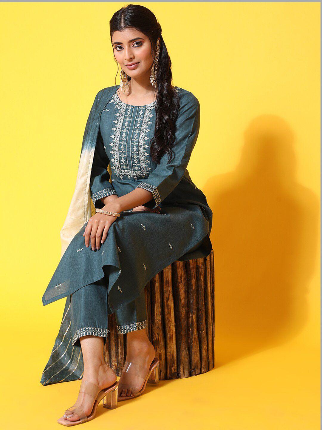 ziva fashion ethnic motifs embroidered zari kurta with trousers & dupatta
