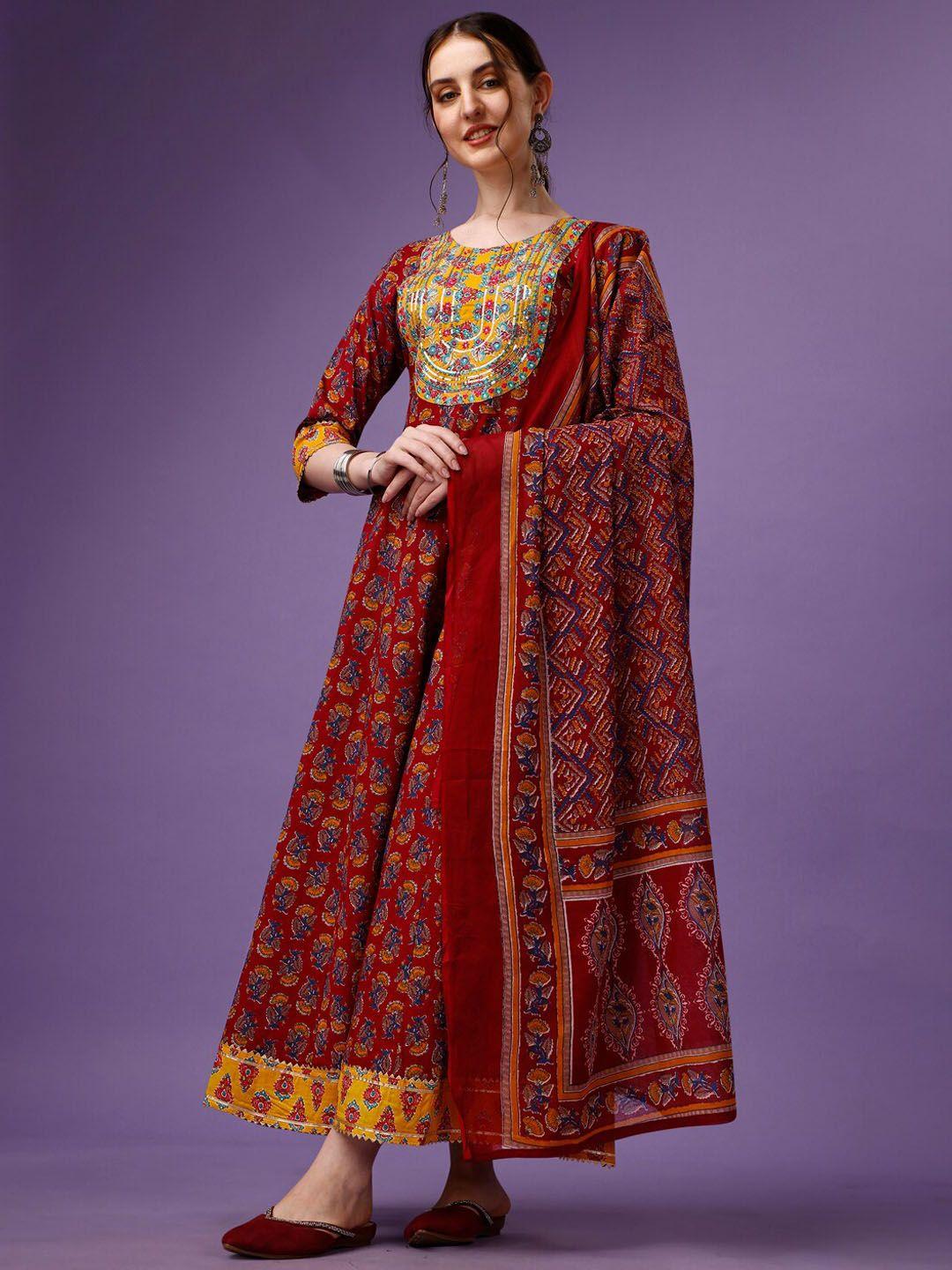 ziva fashion ethnic motifs printed anarkali kurta with trousers & dupatta