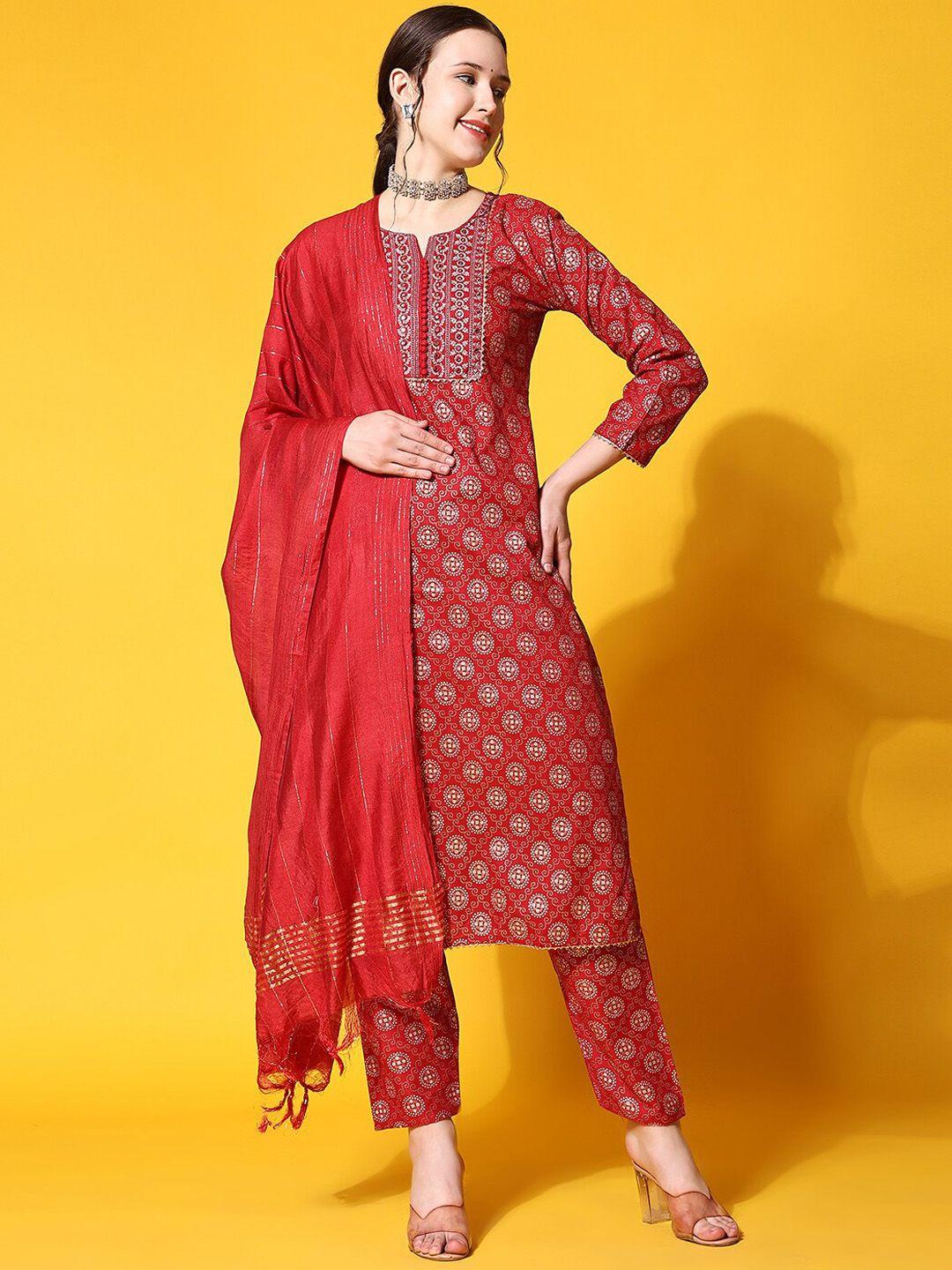 ziva fashion ethnic motifs printed kurta with trousers & dupatta