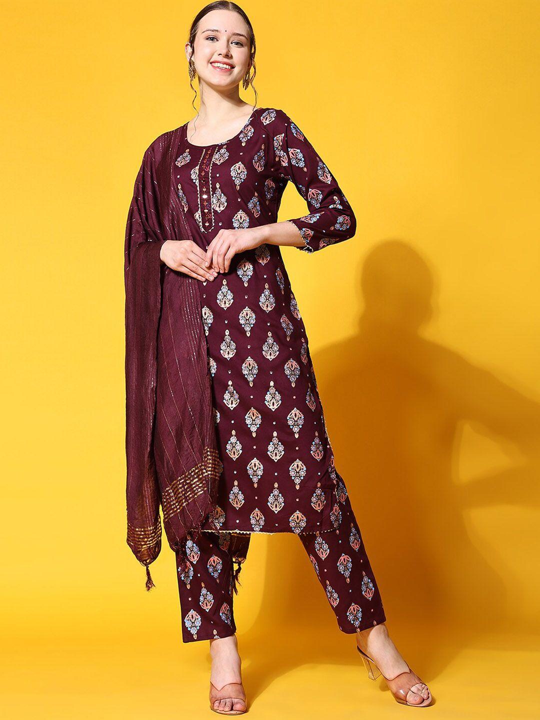 ziva fashion ethnic motifs printed kurta with trousers & with dupatta