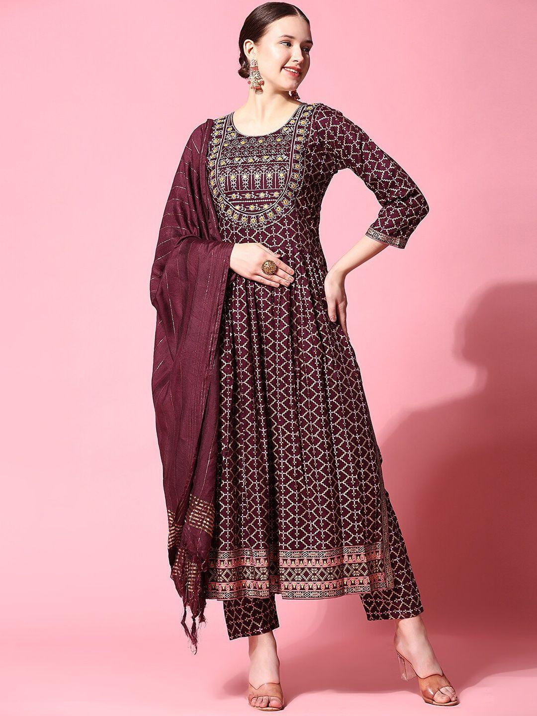 ziva fashion ethnic motifs printed pleated thread work kurta with trousers & dupatta