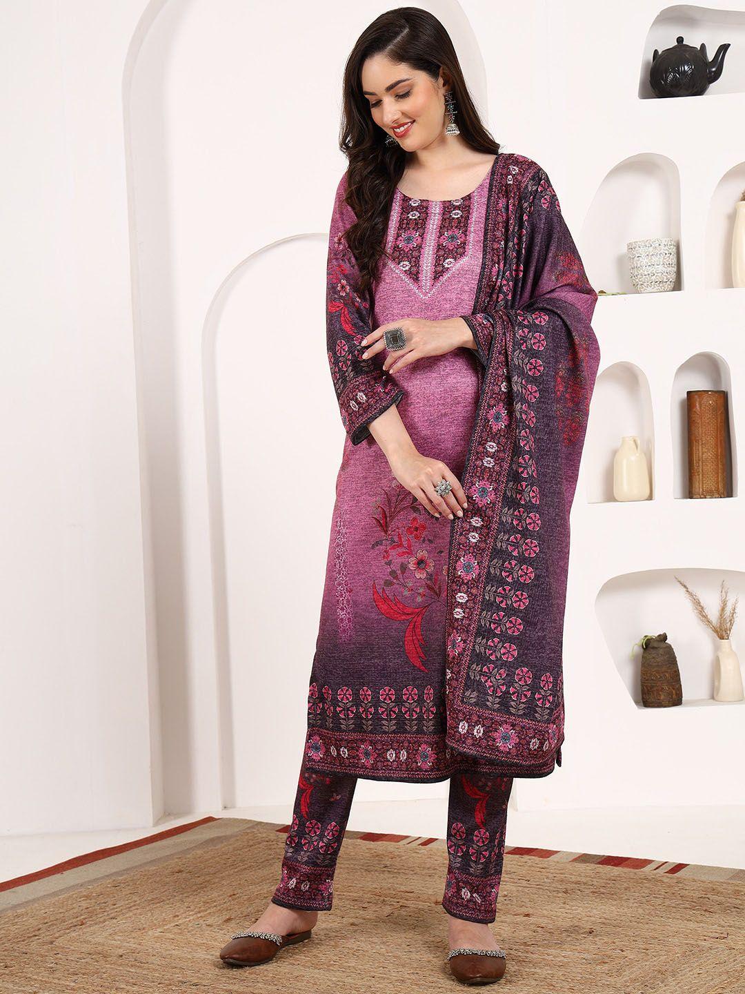 ziva fashion ethnic motifs printed regular pure wool kurta & trousers with dupatta