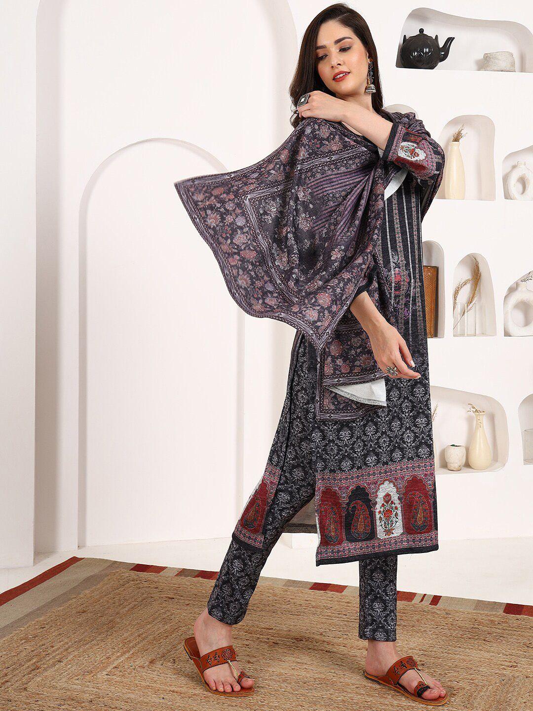 ziva fashion ethnic motifs printed regular pure wool kurta & trousers with dupatta