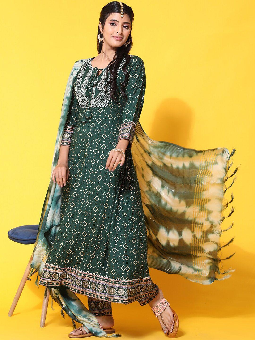 ziva fashion ethnic motifs printed thread work anarkali kurta with trousers & dupatta