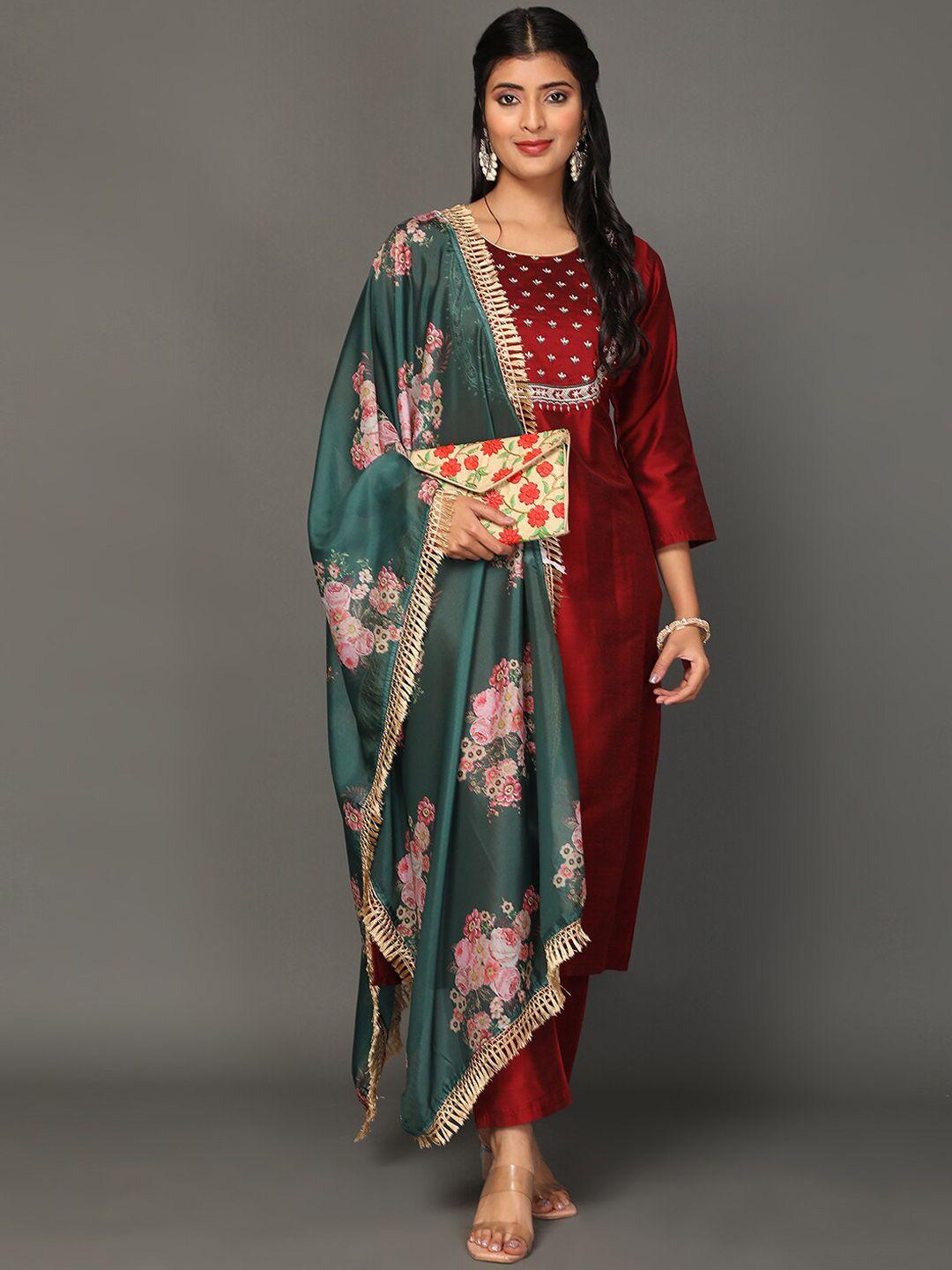 ziva fashion floral embroidered pure silk kurta with trousers & dupatta