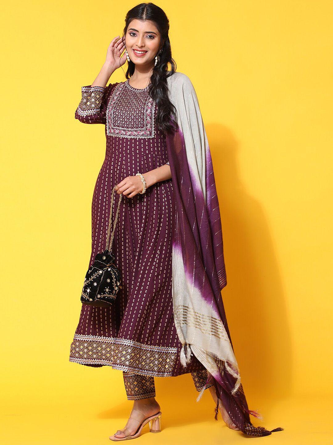 ziva fashion floral embroidered zari sequined anarkali kurta with trousers & dupatta