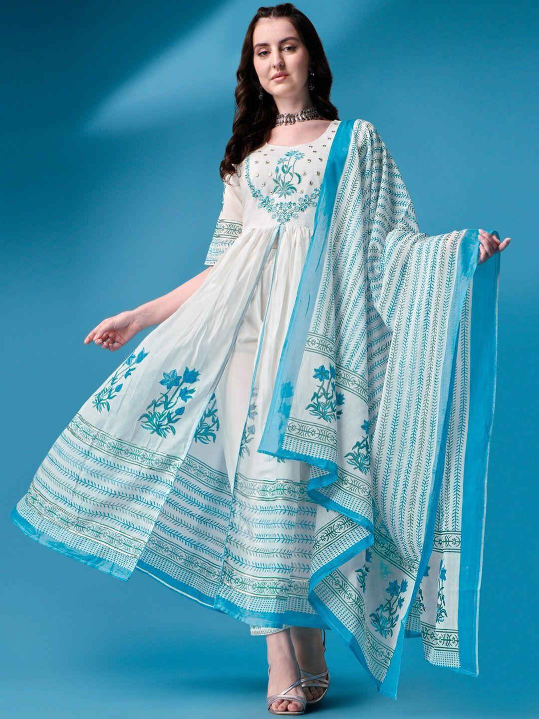 ziva fashion floral printed pleated mirror work kurta with trousers & with dupatta